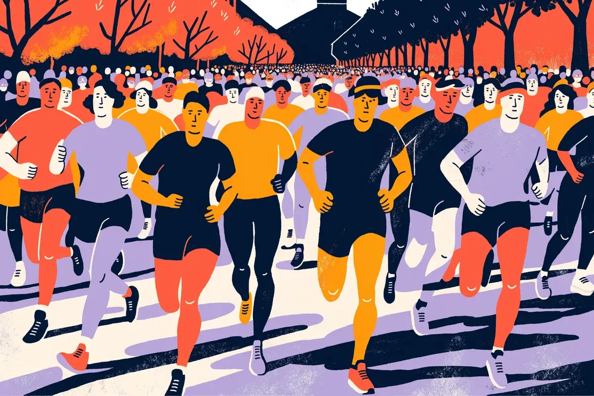 Ilustración de una multitud de corredores en una calle de la ciudad