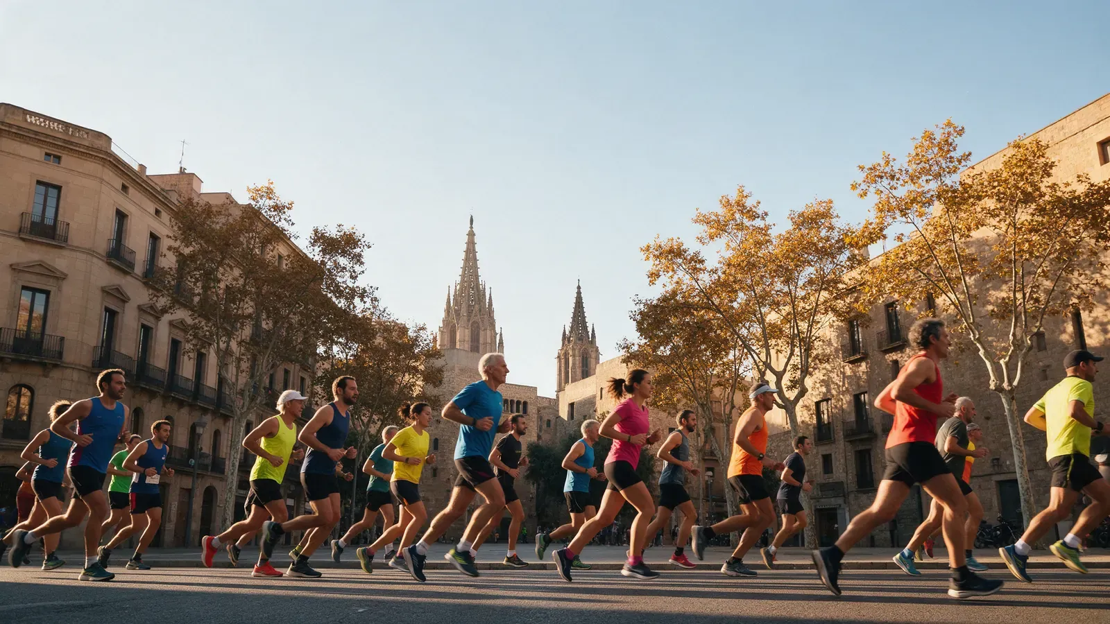Runners in a historic Spanish city street with a Gothic spire and golden autumn leaves