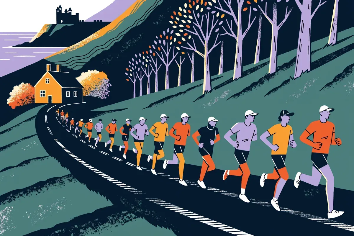 Ilustración de corredores en una carretera rural junto a una casa en una colina