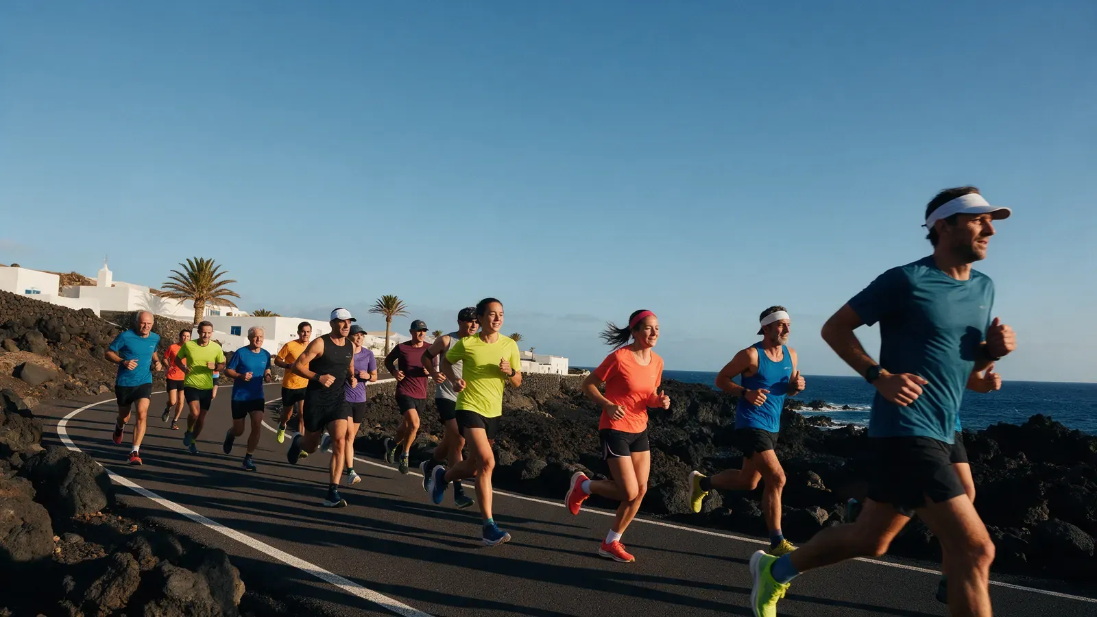 Runners on a coastal road between black volcanic rock and the Atlantic on a sunny winter day