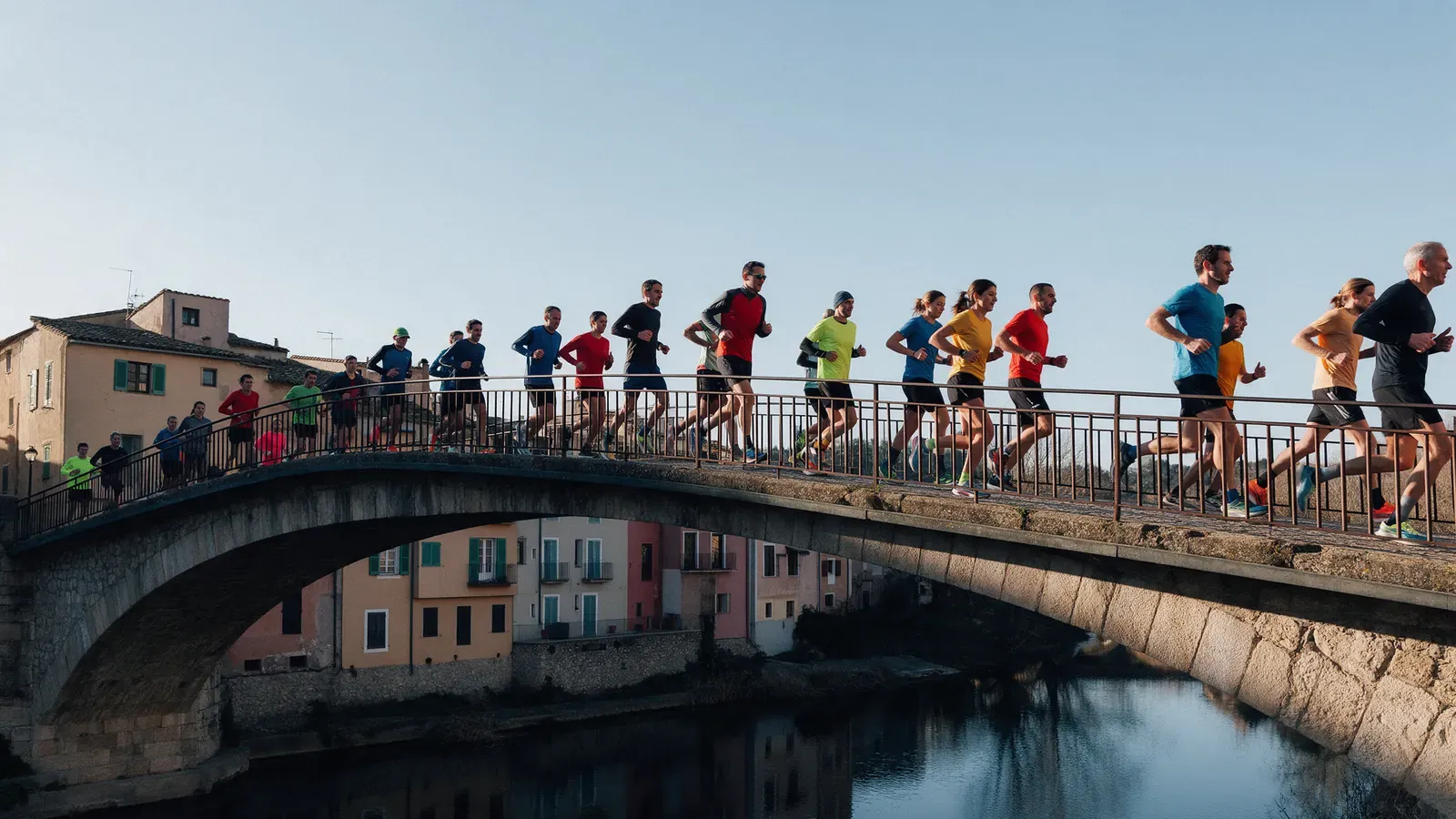 Runners crossing an old stone bridge with pastel riverside houses in a Catalan old town