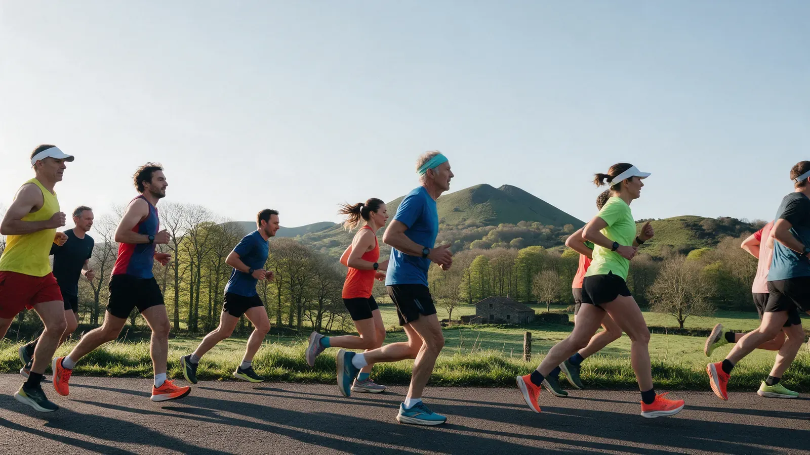 Runners on a country road with green volcanic hills in the background in early spring