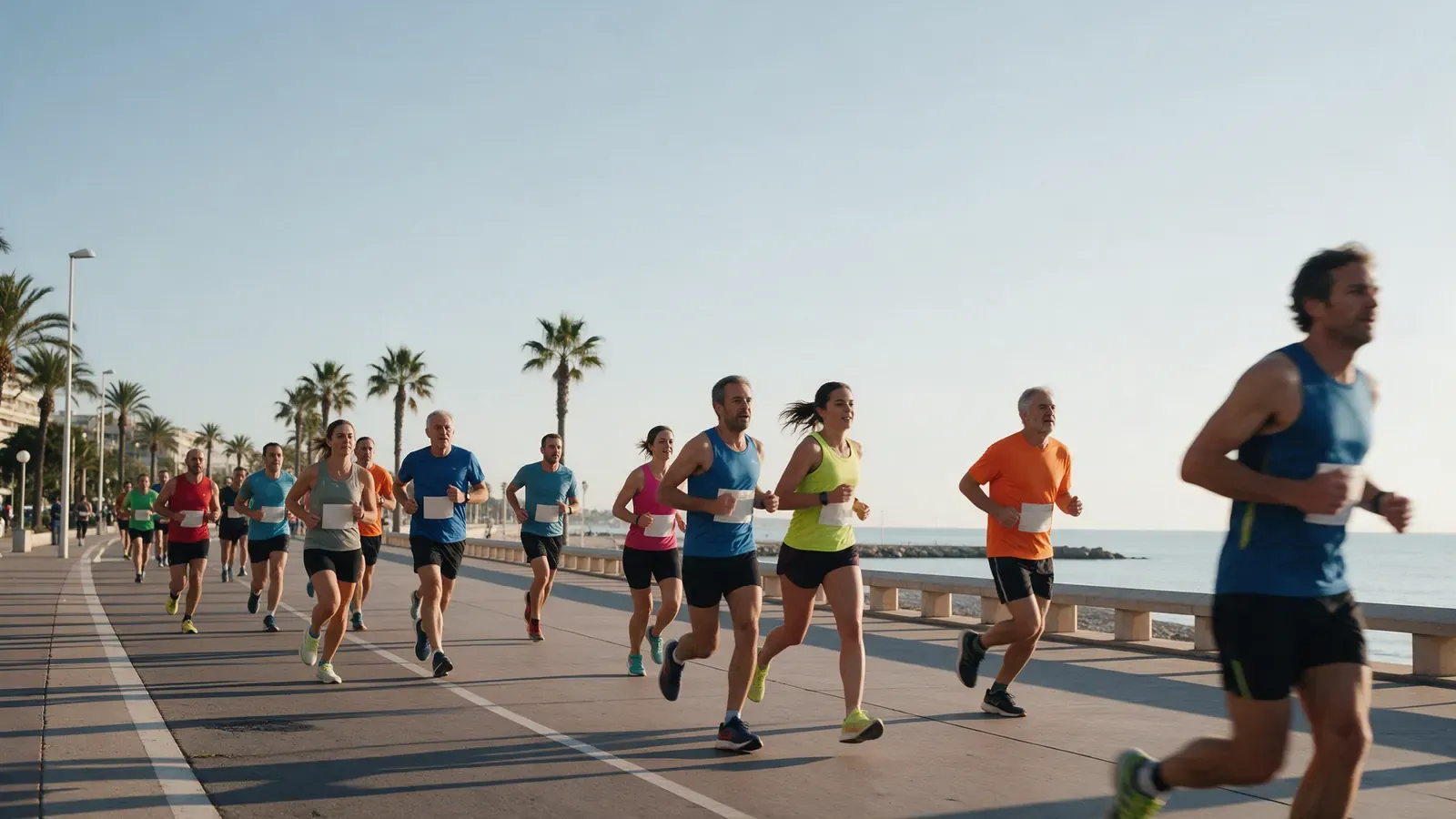 Runners along a Mediterranean seafront promenade lined with palm trees on an autumn morning