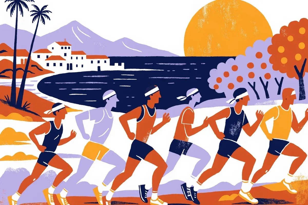 Ilustración de corredores en la costa española al atardecer