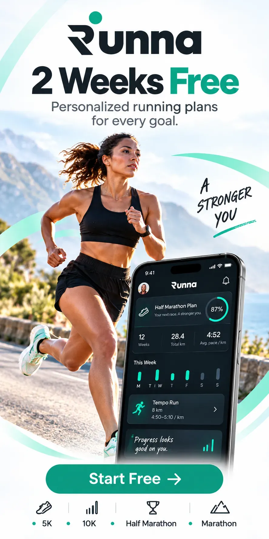 Runna: 2 semanas gratis. Planes de entrenamiento personalizados para 5K, 10K, media maratón y maratón. Empieza gratis.