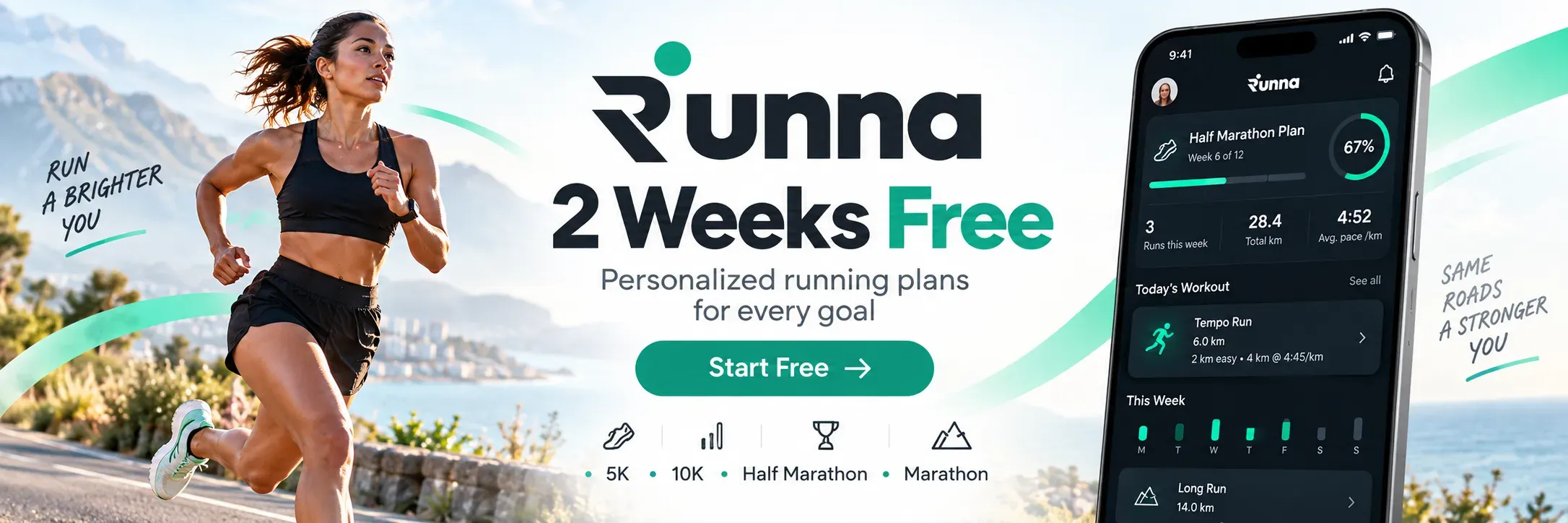 Runna: 2 weeks free. Personalised running plans for 5K, 10K, half marathon and marathon. Start free.