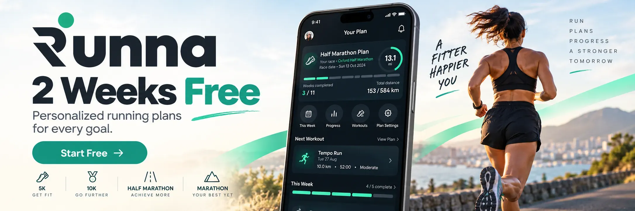 Runna: 2 semanas gratis. Planes de entrenamiento personalizados para 5K, 10K, media maratón y maratón. Empieza gratis.