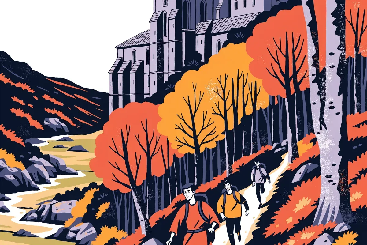 Ilustración de peregrinos caminando y corriendo por un sendero de montaña